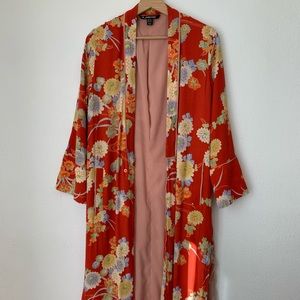 Zara red floral long duster kimono